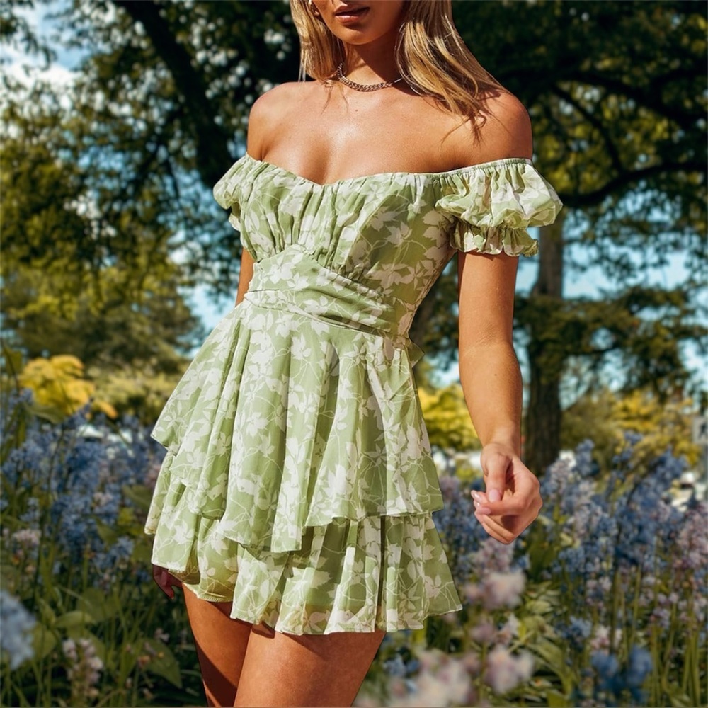 Off-Shoulder Green Floral Tiered Summer Dress with Shorts Size Large
